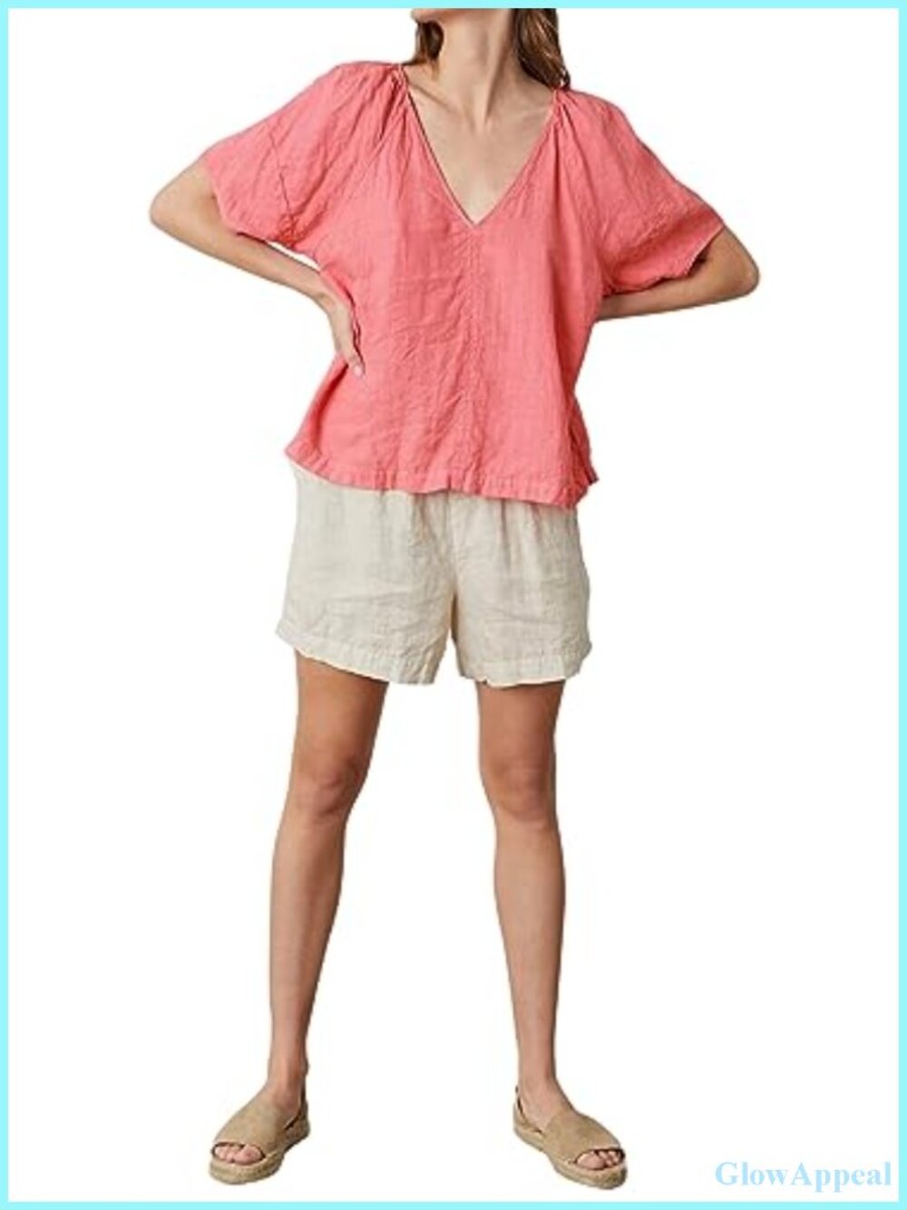 Woven Linen Puff Sleeve V-Neck Tunic Top for Casual Vacation